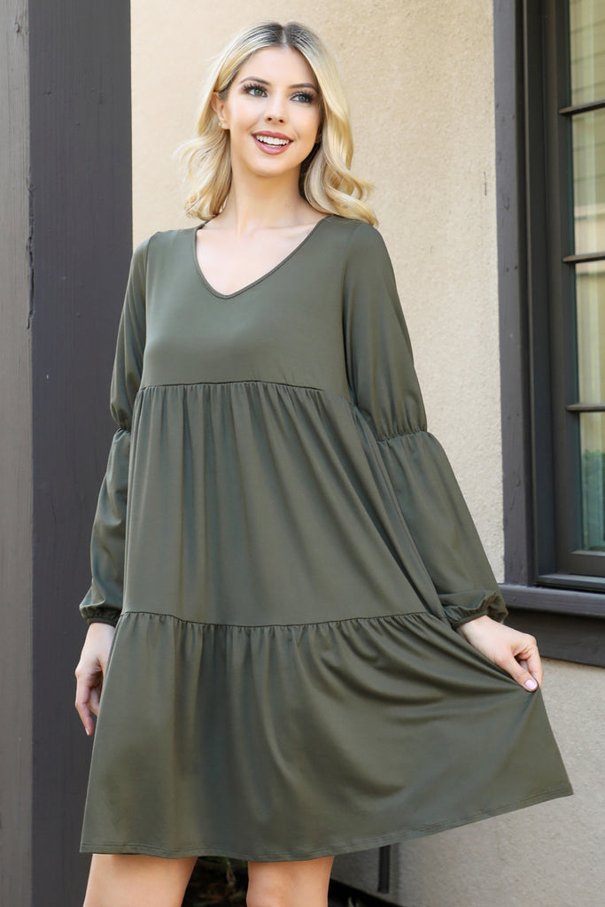 Solid V-Neck Elastic Detail Sleeve Tiered Dress – Riah Fashion