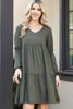 Solid V-Neck Elastic Detail Sleeve Tiered Dress