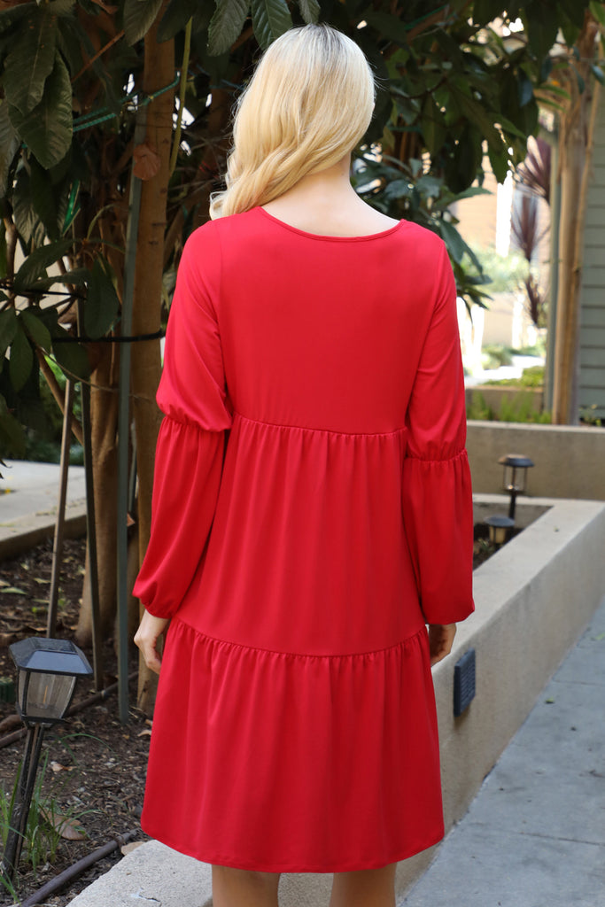 Solid V-Neck Elastic Detail Sleeve Tiered Dress