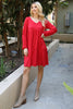Solid V-Neck Elastic Detail Sleeve Tiered Dress