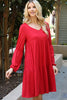 Solid V-Neck Elastic Detail Sleeve Tiered Dress