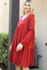 Solid V-Neck Elastic Detail Sleeve Tiered Dress