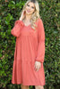 Solid V-Neck Elastic Detail Sleeve Tiered Dress