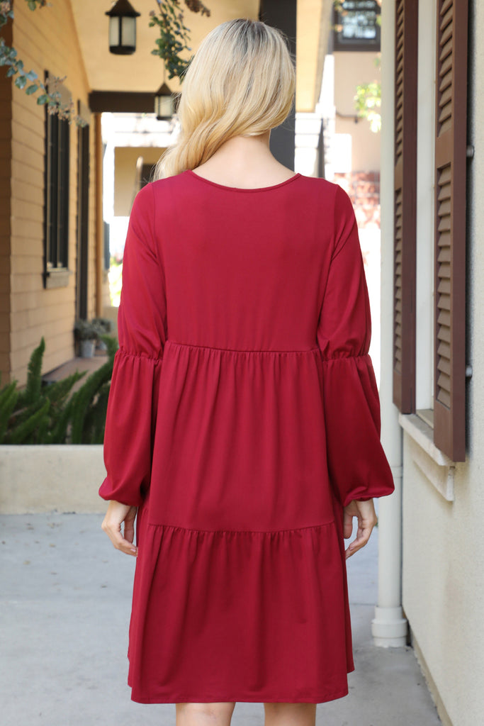 Solid V-Neck Elastic Detail Sleeve Tiered Dress