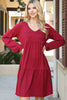 Solid V-Neck Elastic Detail Sleeve Tiered Dress