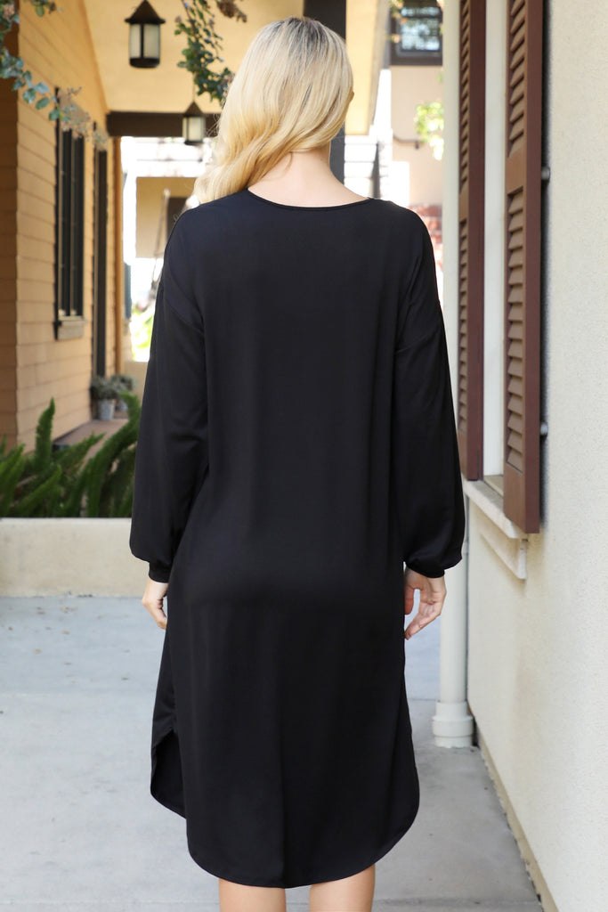 Solid V-Neck Long Sleeve Dolphin Hem Dress