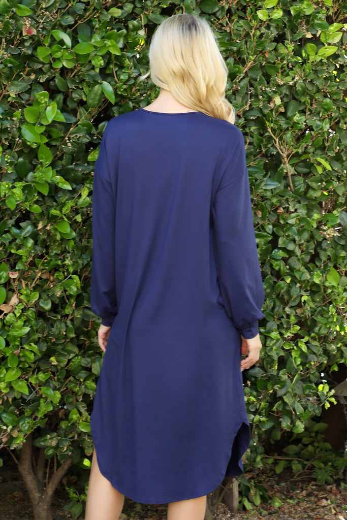 Solid V-Neck Long Sleeve Dolphin Hem Dress