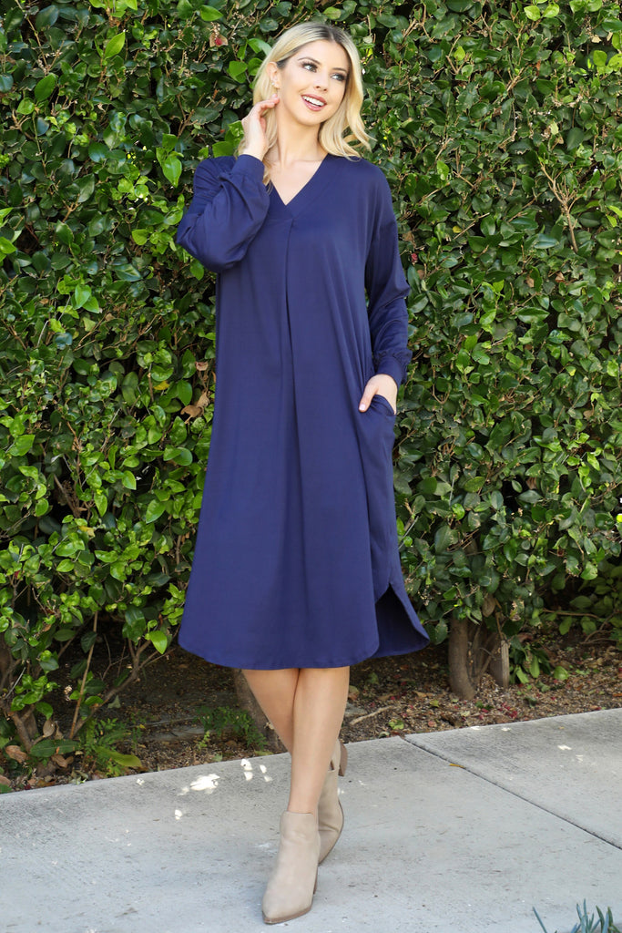 Solid V-Neck Long Sleeve Dolphin Hem Dress