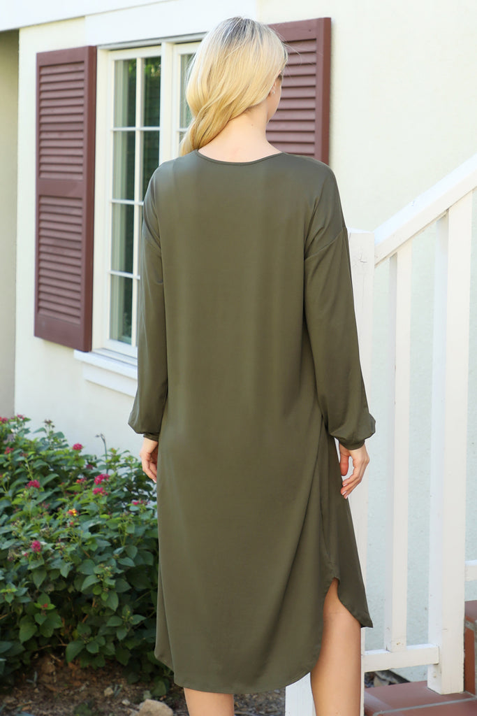 Solid V-Neck Long Sleeve Dolphin Hem Dress