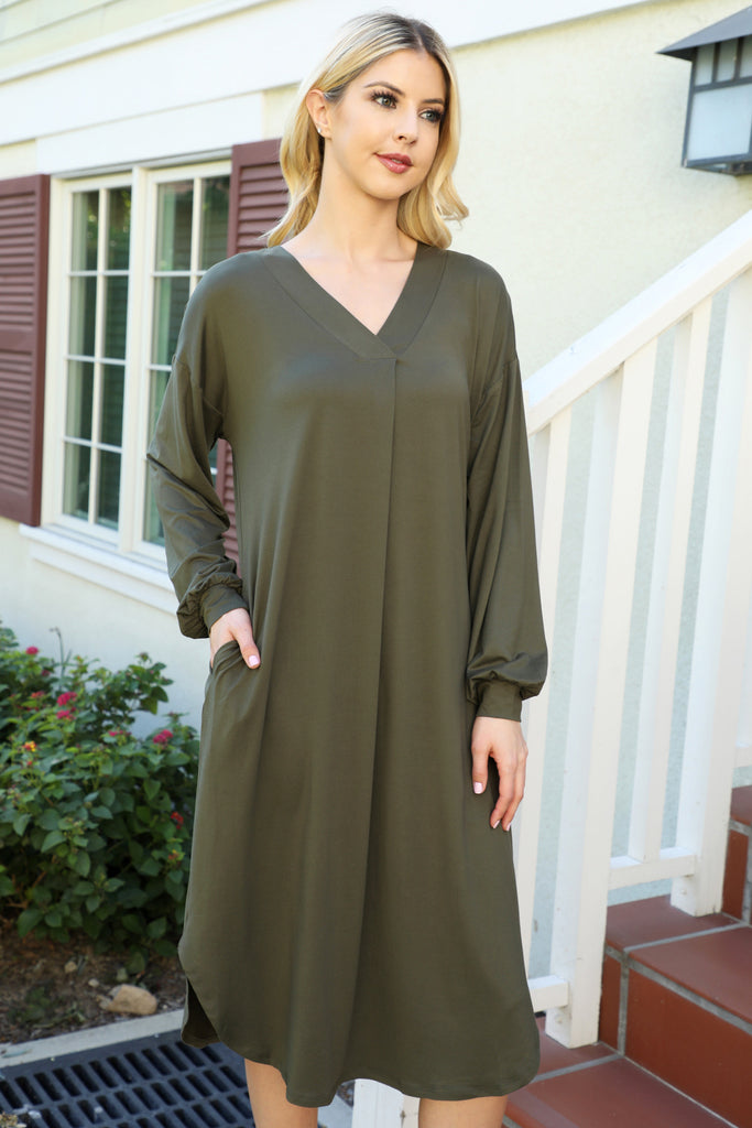 Solid V-Neck Long Sleeve Dolphin Hem Dress