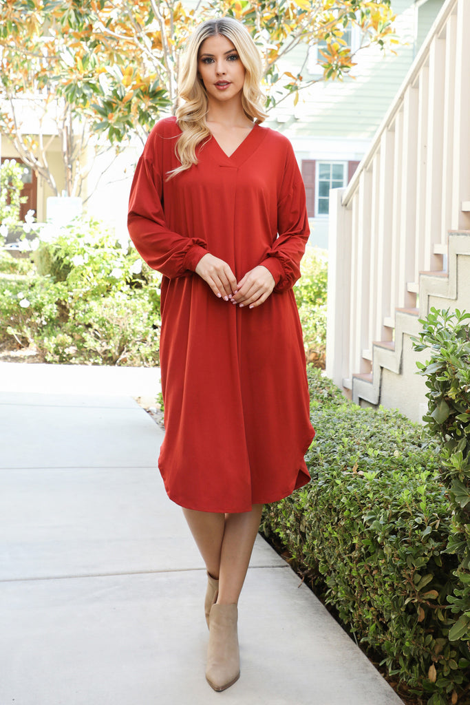 Solid V-Neck Long Sleeve Dolphin Hem Dress