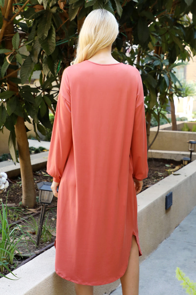 Solid V-Neck Long Sleeve Dolphin Hem Dress