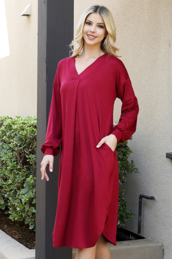 Solid V-Neck Long Sleeve Dolphin Hem Dress