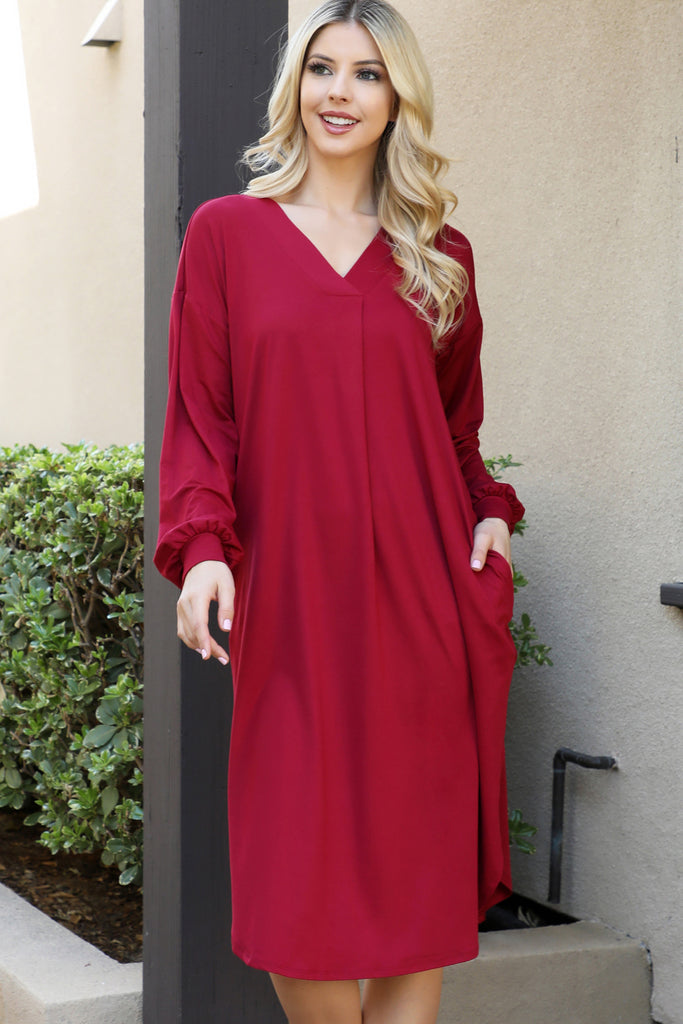 Solid V-Neck Long Sleeve Dolphin Hem Dress