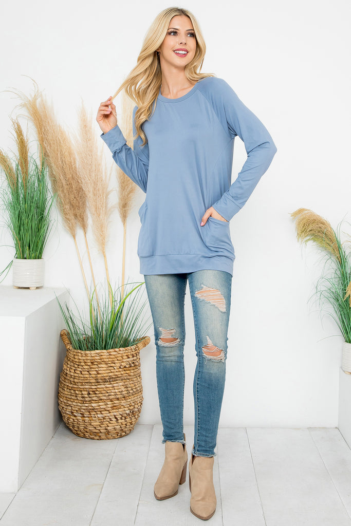 Solid Long Sleeve Front Pocket Top
