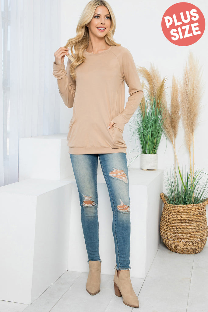 Solid Long Sleeve Front Pocket Top