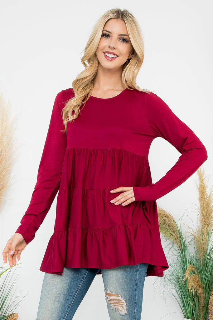 Solid Long Sleeve Tiered Top