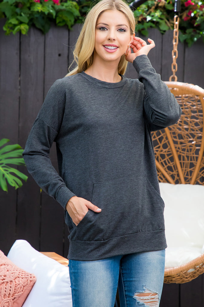 Long Sleeve French Terry Top With Kangaroo Pocket Top