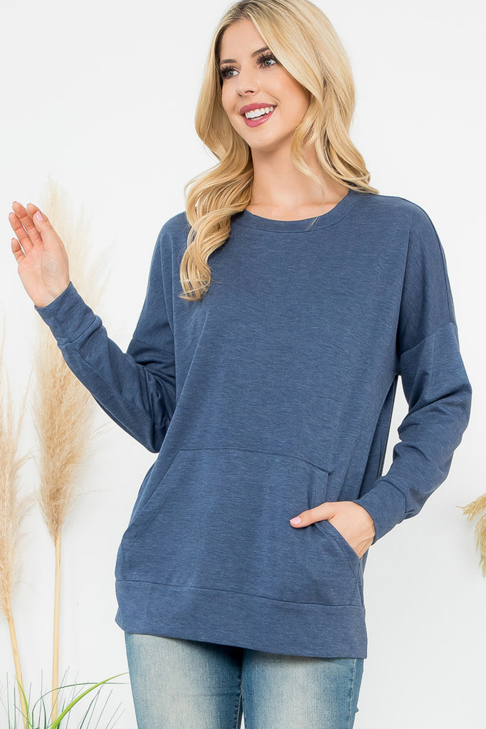 Long Sleeve French Terry Top With Kangaroo Pocket Top