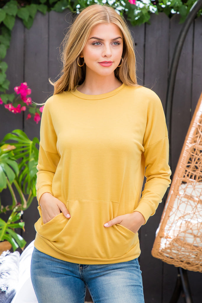 Long Sleeve French Terry Top With Kangaroo Pocket Top
