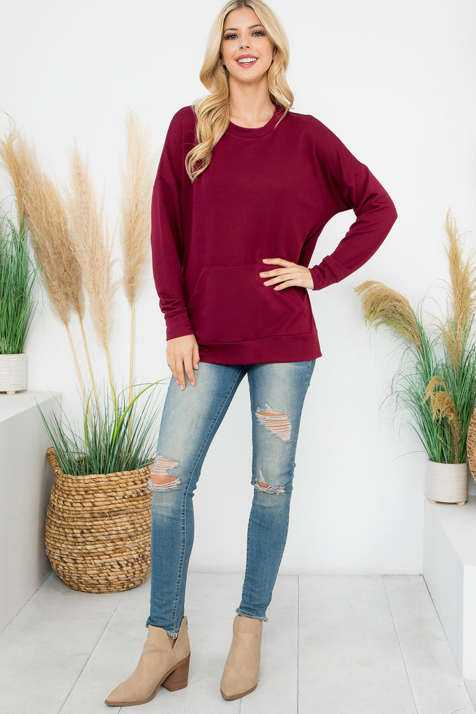 Long Sleeve French Terry Top With Kangaroo Pocket Top