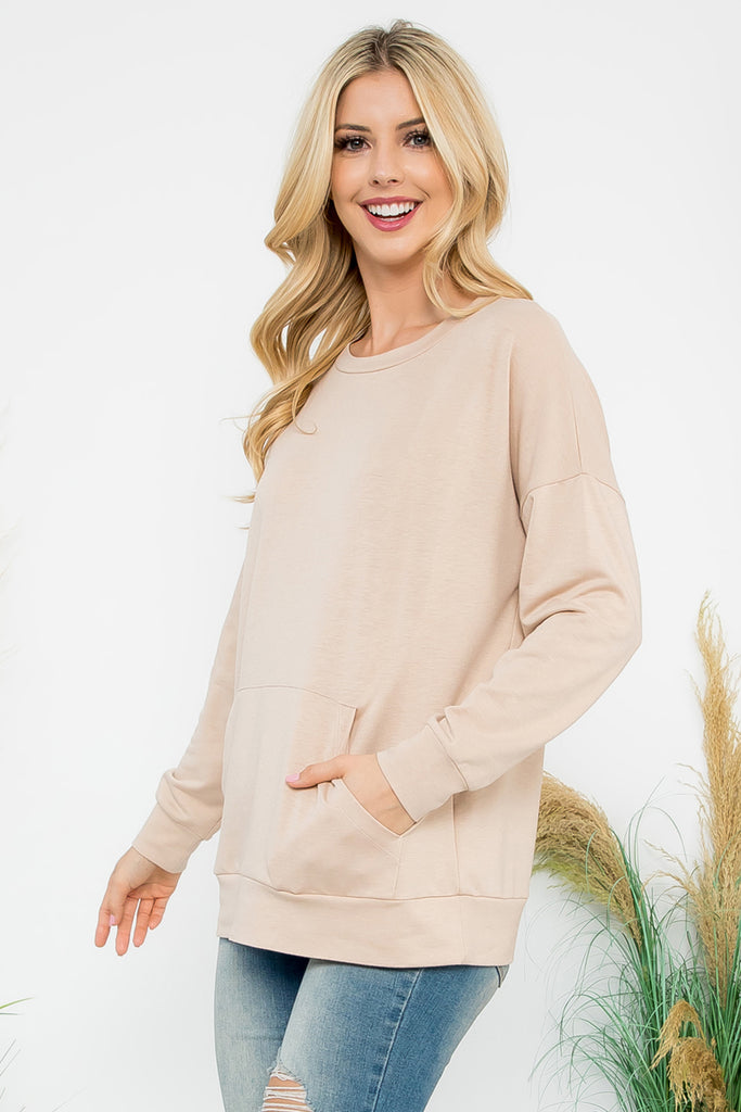 Long Sleeve French Terry Top With Kangaroo Pocket Top