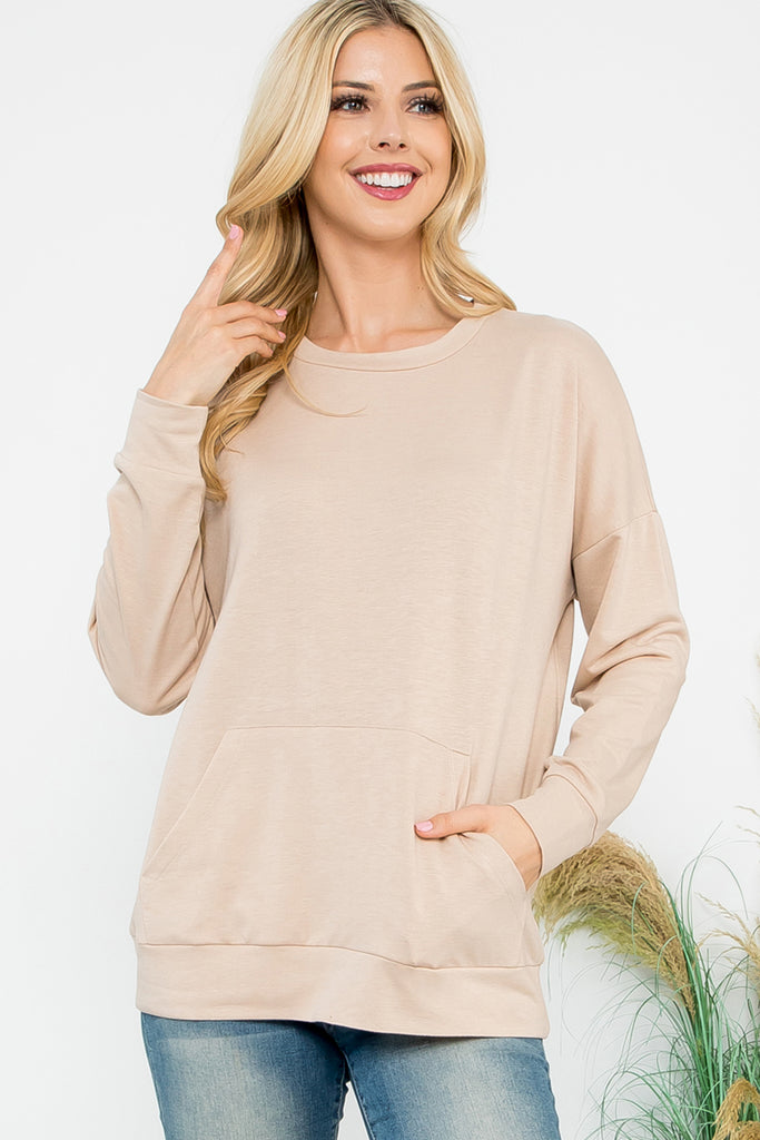 Long Sleeve French Terry Top With Kangaroo Pocket Top