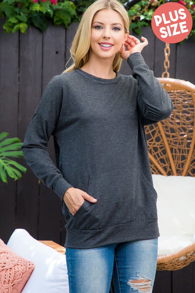 Long Sleeve French Terry Top With Kangaroo Pocket Top