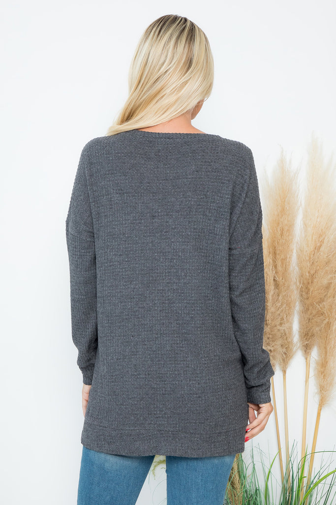 PLUS SIZE BRUSHED WAFFLE ROUND NECK SIDE SLIT SWEATER