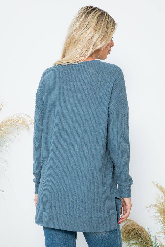 PLUS SIZE BRUSHED WAFFLE ROUND NECK SIDE SLIT SWEATER