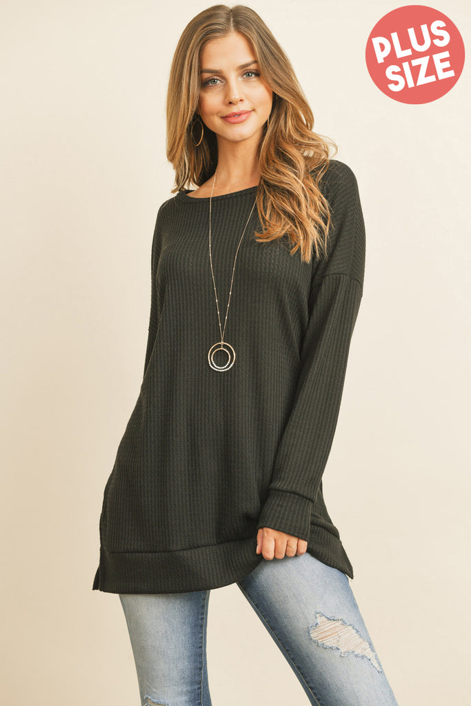 PLUS SIZE BRUSHED WAFFLE ROUND NECK SIDE SLIT SWEATER