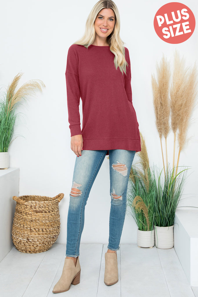 PLUS SIZE BRUSHED WAFFLE ROUND NECK SIDE SLIT SWEATER