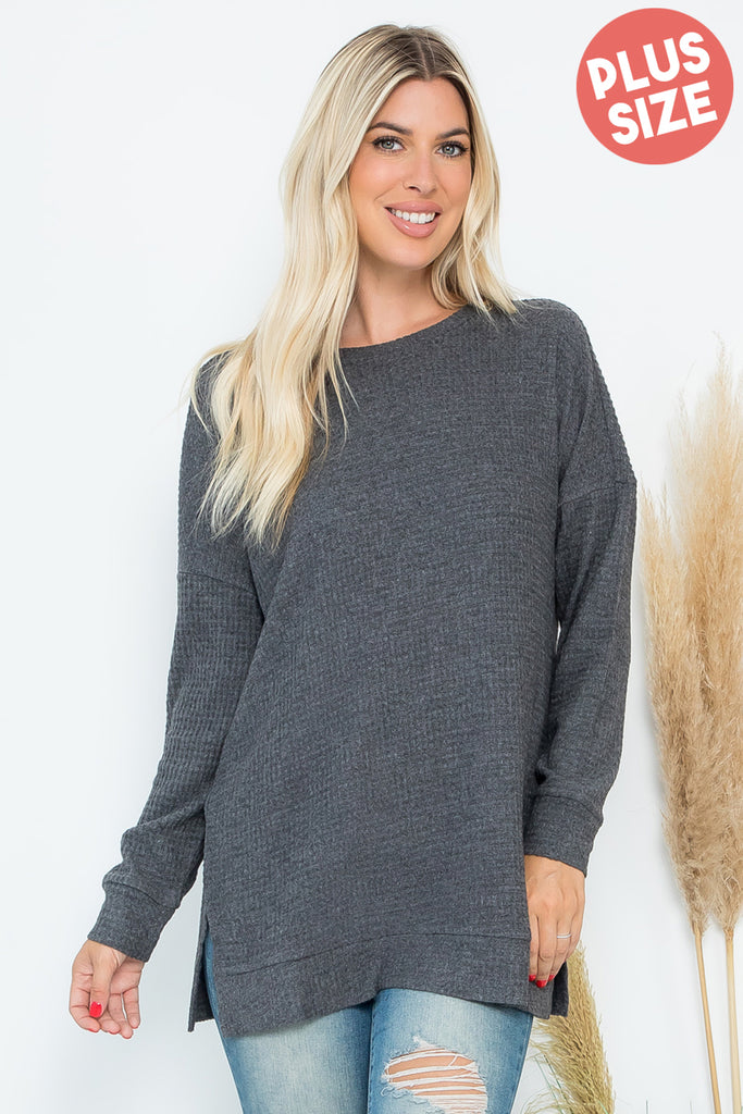 PLUS SIZE BRUSHED WAFFLE ROUND NECK SIDE SLIT SWEATER