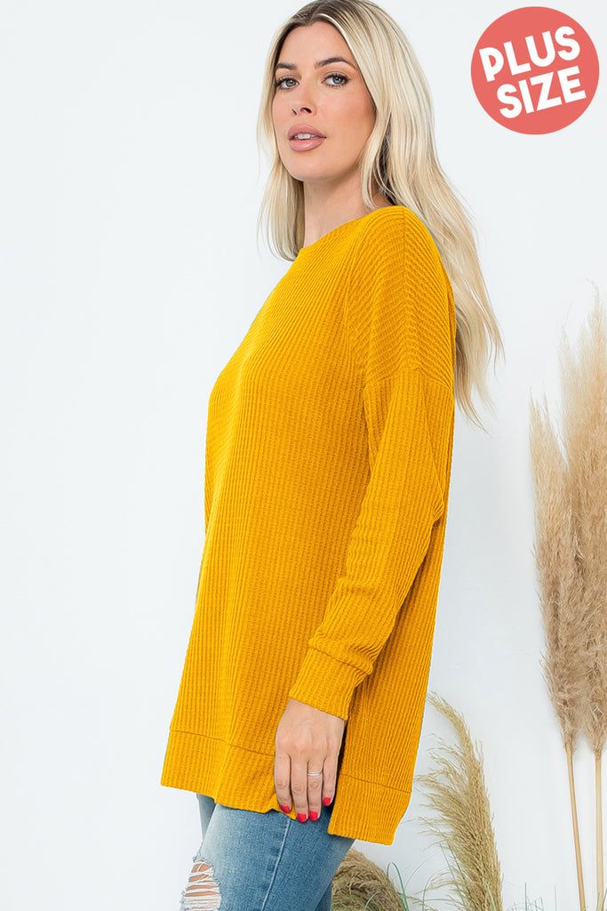 PLUS SIZE BRUSHED WAFFLE ROUND NECK SIDE SLIT SWEATER