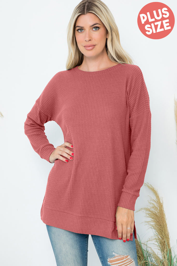 PLUS SIZE BRUSHED WAFFLE ROUND NECK SIDE SLIT SWEATER