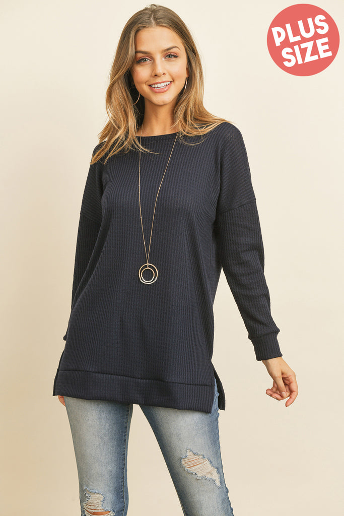 PLUS SIZE BRUSHED WAFFLE ROUND NECK SIDE SLIT SWEATER
