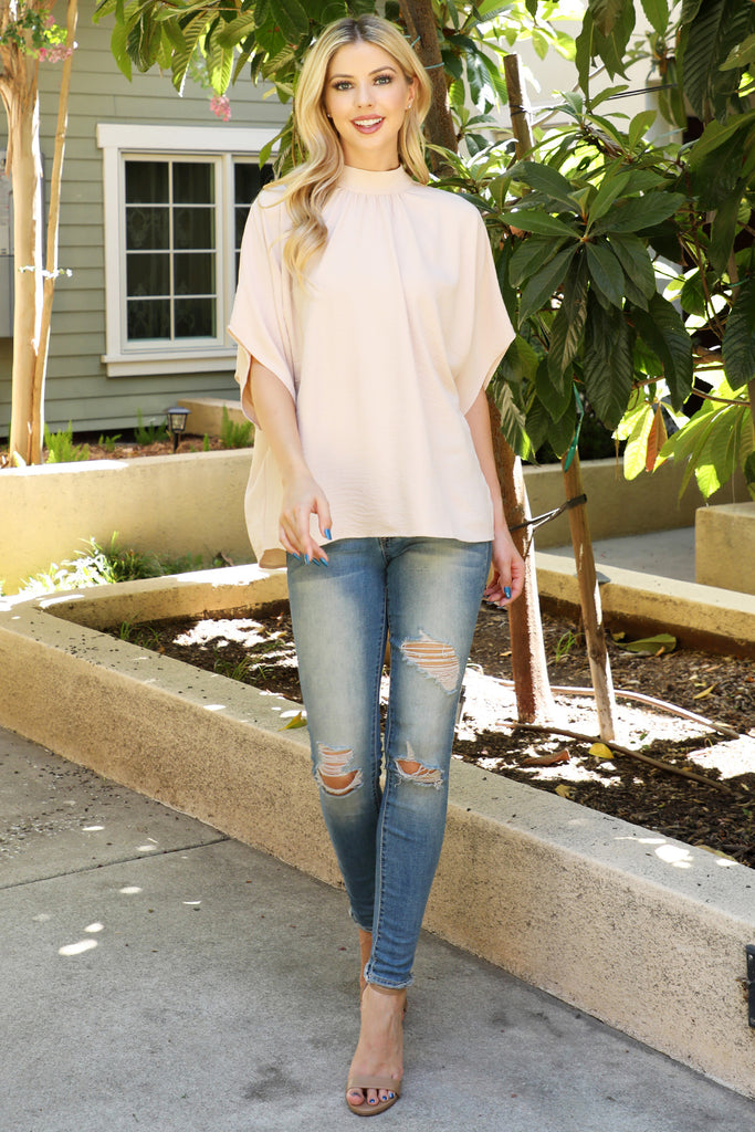 Back Ribbon Detail Turtle Neckline Dolman Top