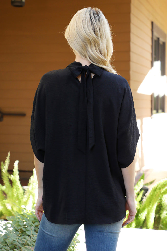 Back Ribbon Detail Turtle Neckline Dolman Top