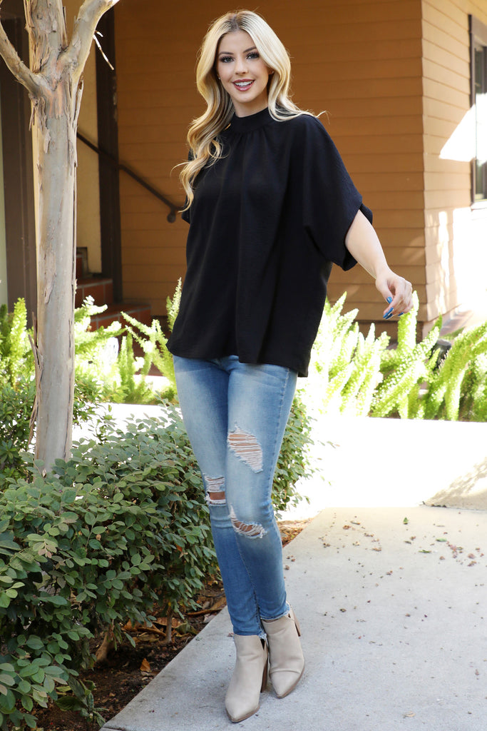 Back Ribbon Detail Turtle Neckline Dolman Top