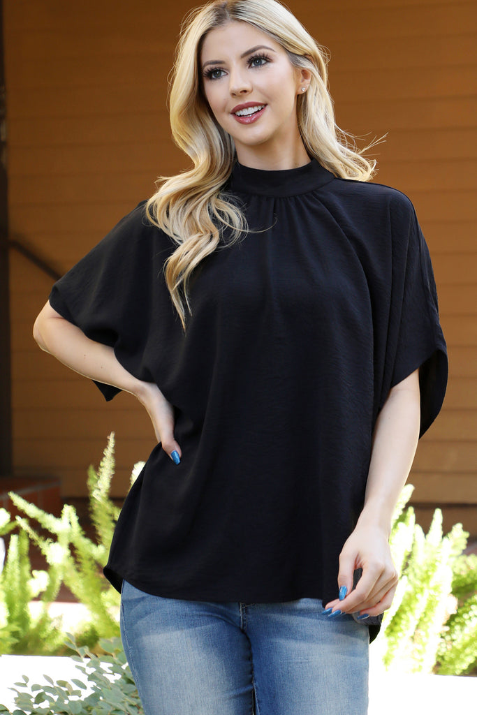 Back Ribbon Detail Turtle Neckline Dolman Top