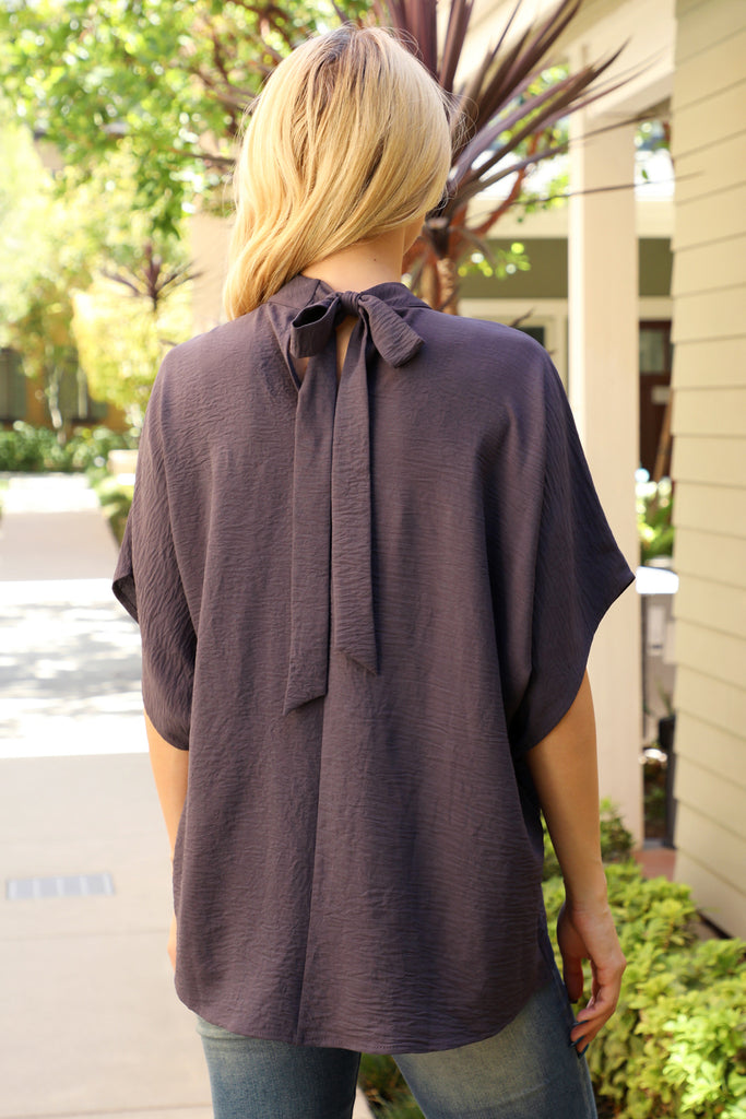 Back Ribbon Detail Turtle Neckline Dolman Top