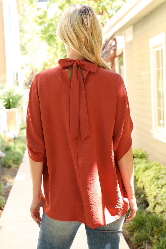 Back Ribbon Detail Turtle Neckline Dolman Top