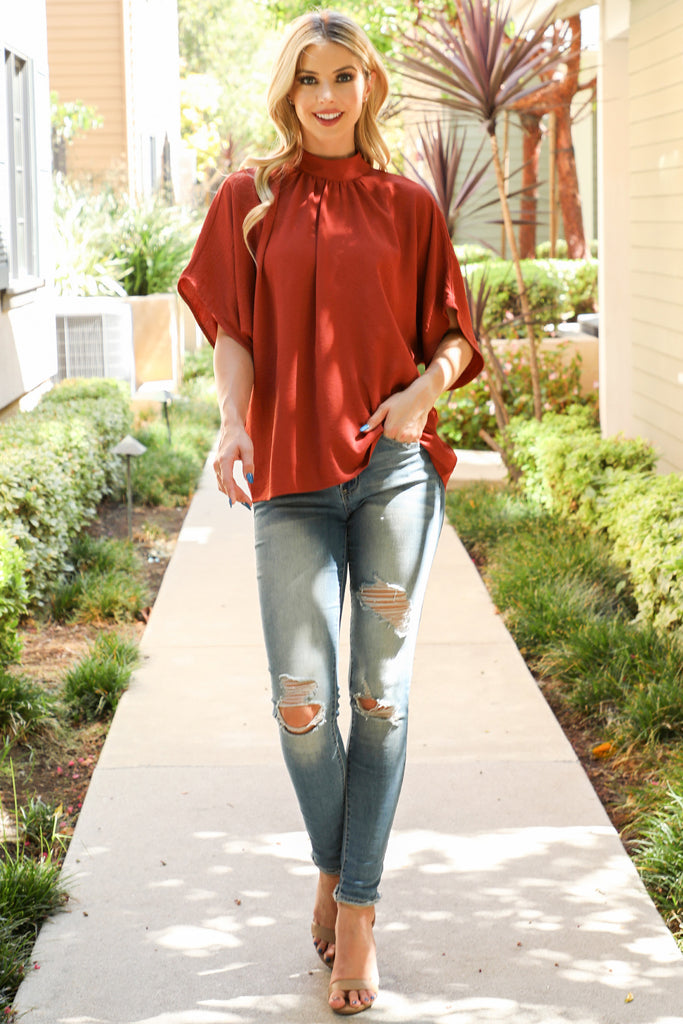 Back Ribbon Detail Turtle Neckline Dolman Top