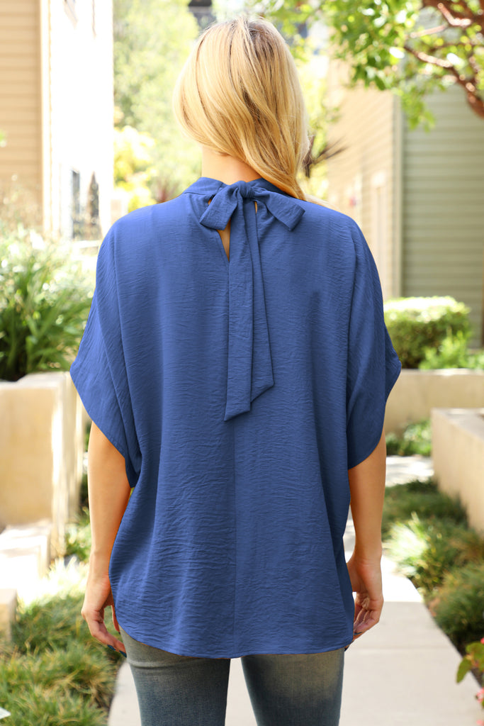 Back Ribbon Detail Turtle Neckline Dolman Top