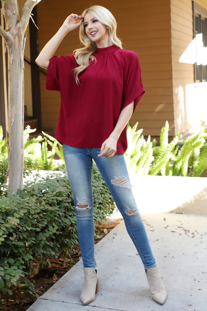 Back Ribbon Detail Turtle Neckline Dolman Top