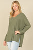 BRUSHED WAFFLE V-NECK LONG SLEEVE SIDE SLIT TOP