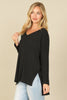 BRUSHED WAFFLE V-NECK LONG SLEEVE SIDE SLIT TOP