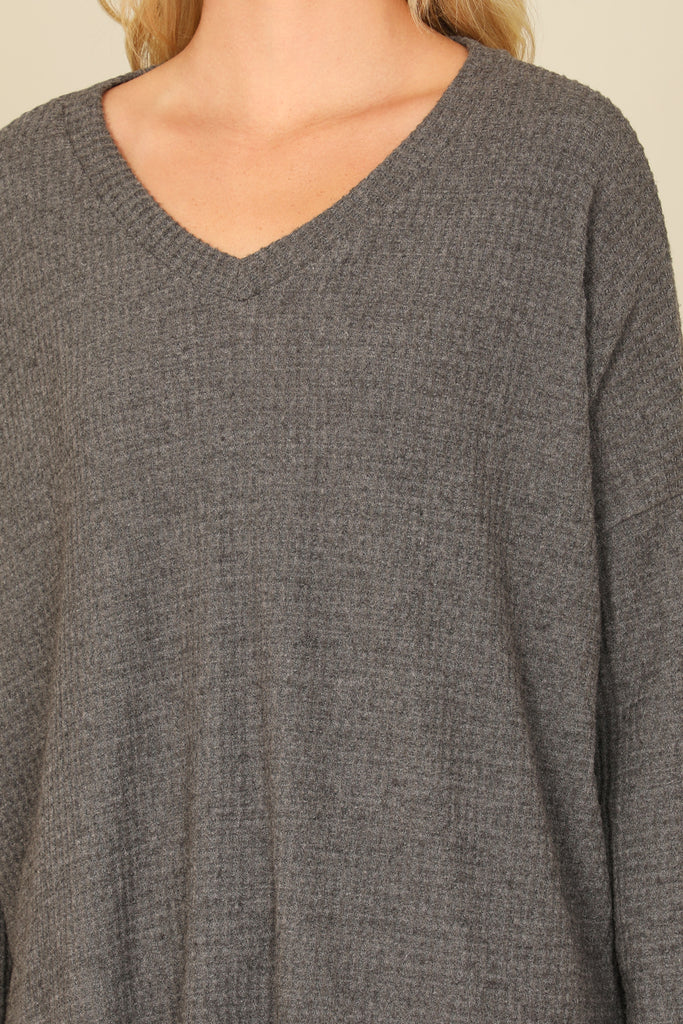 BRUSHED WAFFLE V-NECK LONG SLEEVE SIDE SLIT TOP