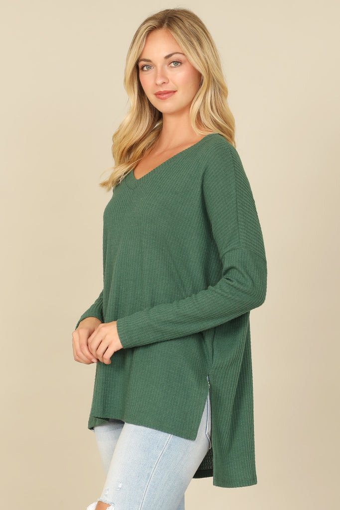 BRUSHED WAFFLE V-NECK LONG SLEEVE SIDE SLIT TOP