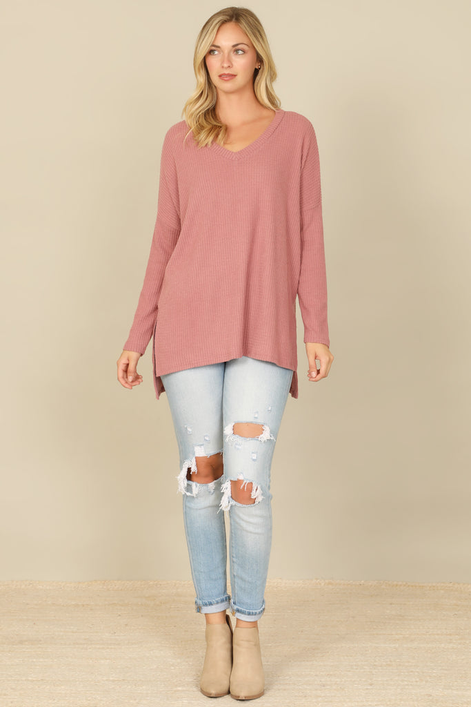 BRUSHED WAFFLE V-NECK LONG SLEEVE SIDE SLIT TOP